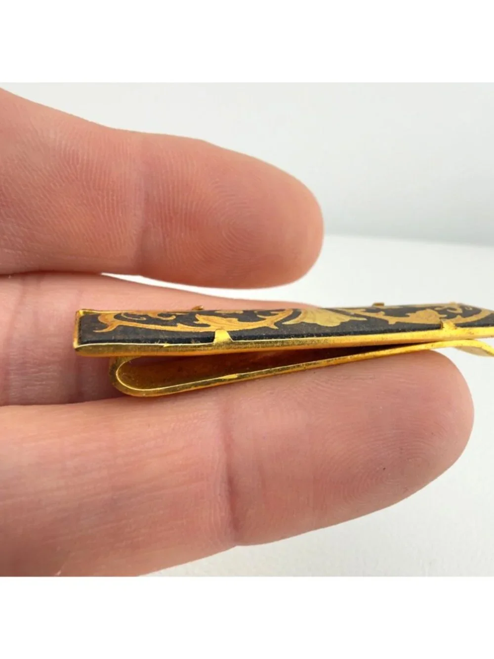 Vintage Damascene Tie Clip Bar Made In Spain Etched Gold Tone Black